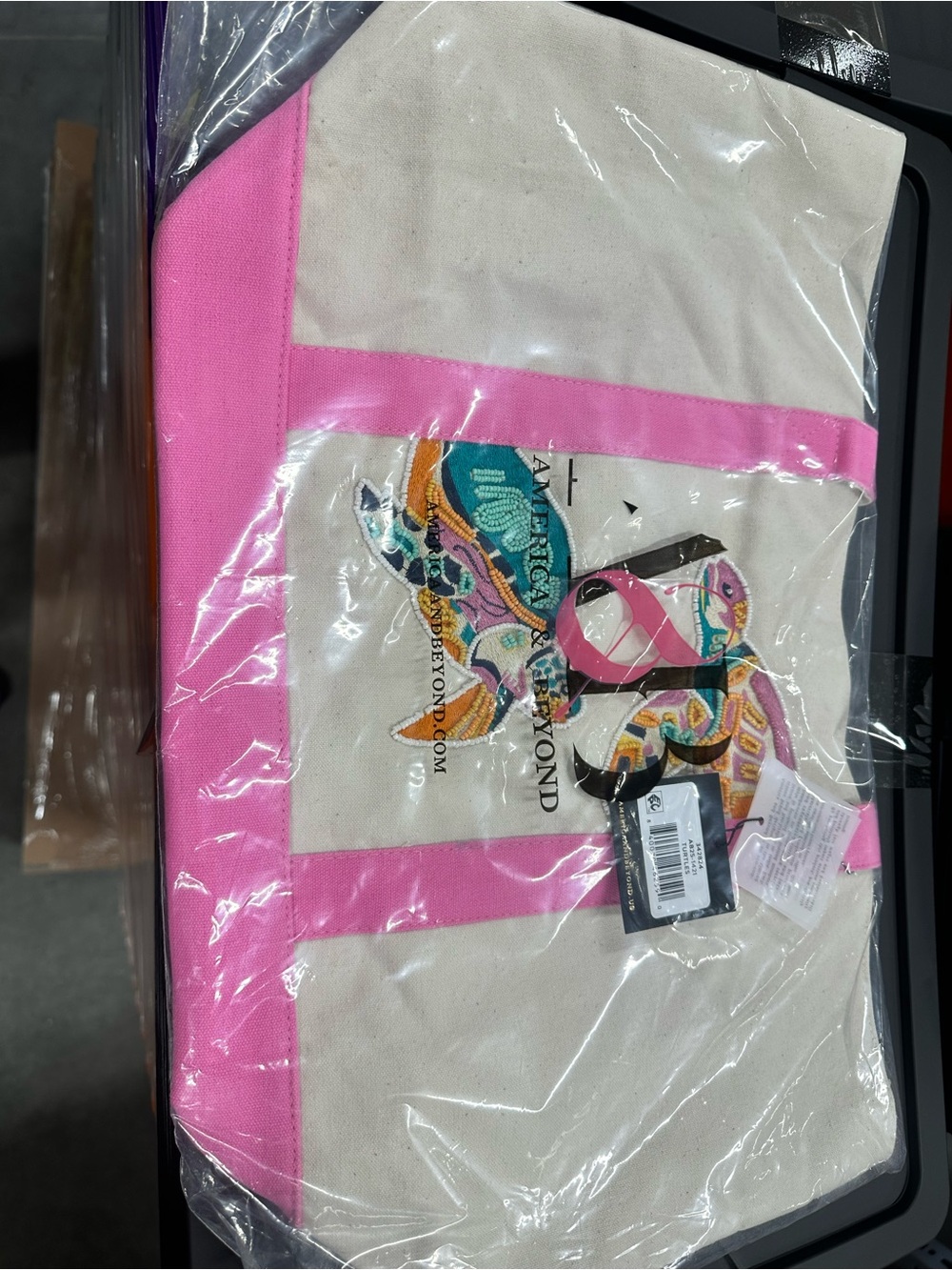 Canvas Tote Bag with Pink Trim and Multicolor Logo AMERIÇA & BEYOND